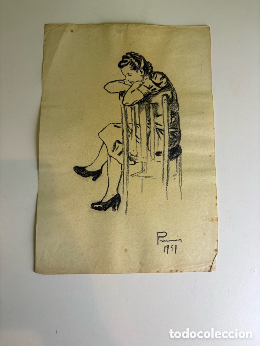 Arte: Carles Prun&eacute;s (1937-2017) &ndash; Joven pensativa sobre silla, dibujo sobre papel firmado 1951