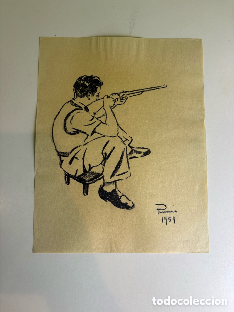 Arte: Carles Prun&eacute;s (1937-2017) &ndash; Cazador con escopeta, dibujo sobre papel firmado 1951