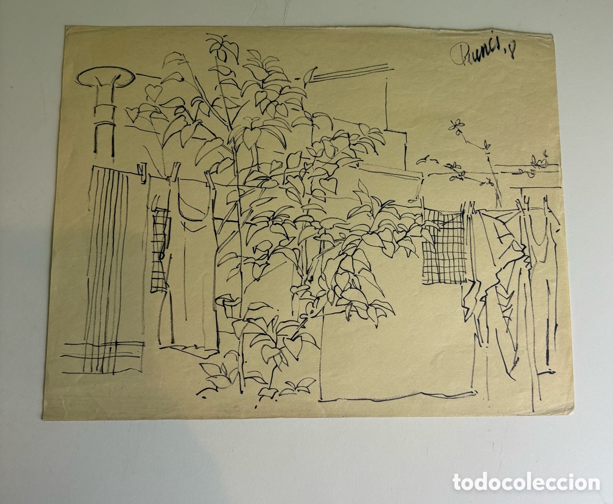 Arte: Carles Prun&eacute;s (1937-2017) &ndash; Dibujo sobre papel firmado &ndash; Patio con vegetaci&oacute;n