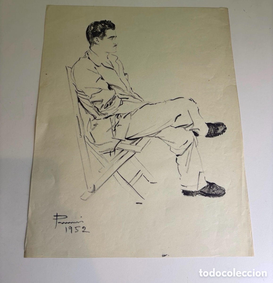 Arte: Carles Prun&eacute;s (1937-2017) &ndash; Dibujo sobre papel firmado y fechado 1952 &ndash; Figura masculina sentada