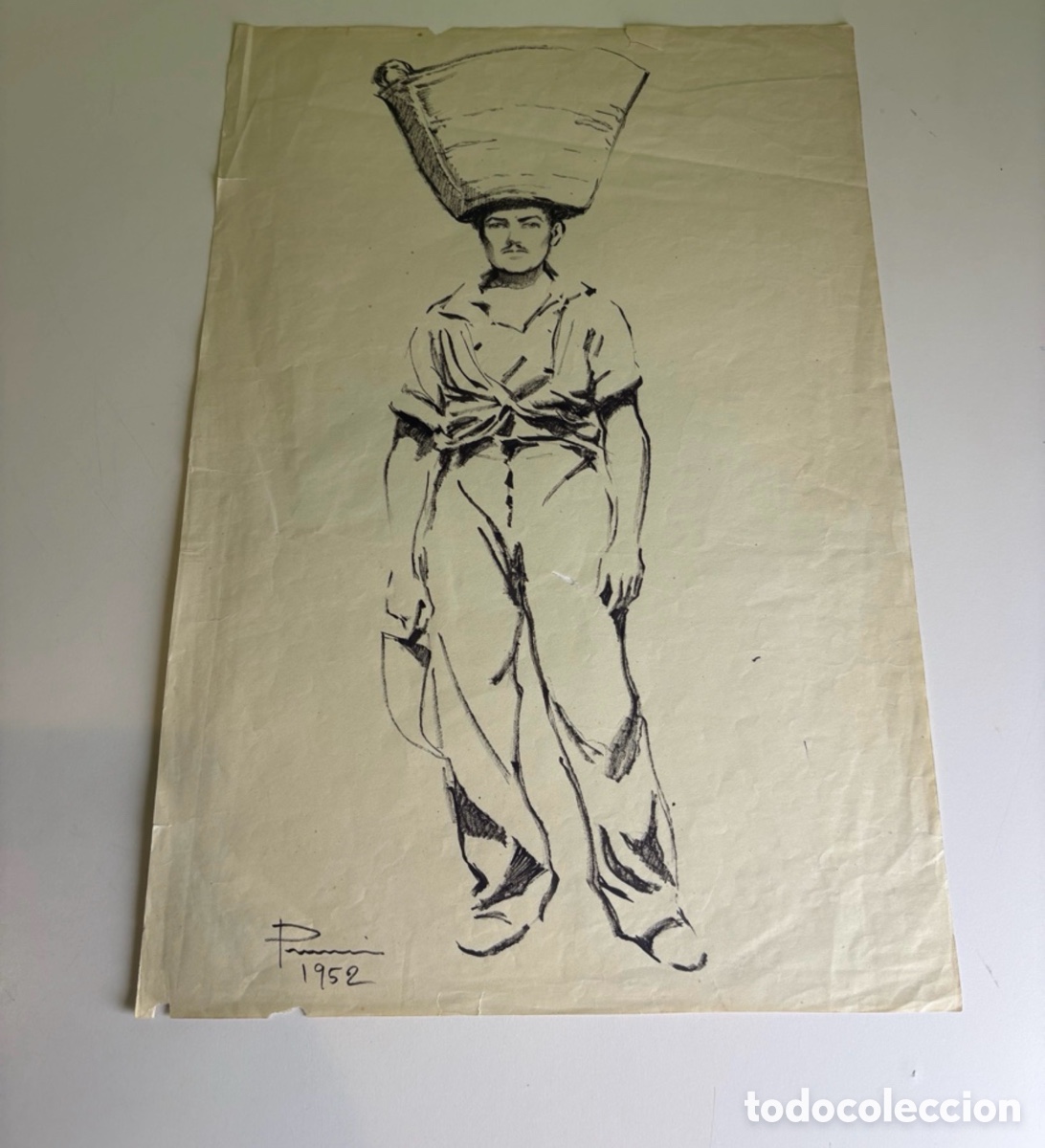 Arte: Carles Prun&eacute;s (1937-2017) &ndash; Dibujo sobre papel firmado y fechado 1952 &ndash; Figura masculina con capazo