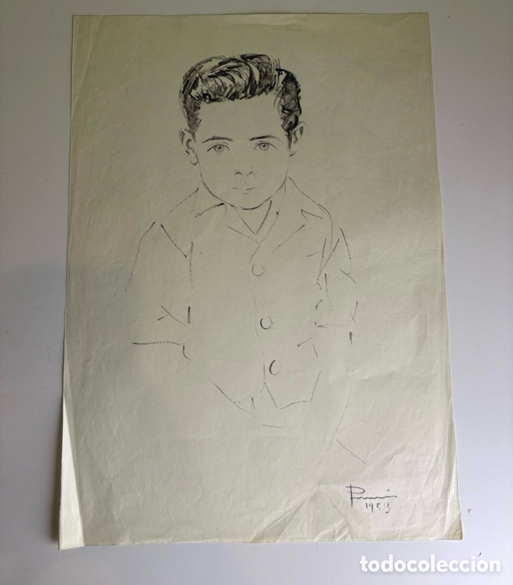 Arte: Carles Prun&eacute;s (1937-2017) &ndash; Dibujo sobre papel firmado y fechado 1955 &ndash; Retrato infantil