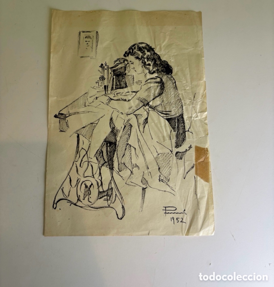 Arte: Carles Prun&eacute;s (1937-2017) &ndash; Costurera en m&aacute;quina de coser, dibujo original firmado y fechado 1952