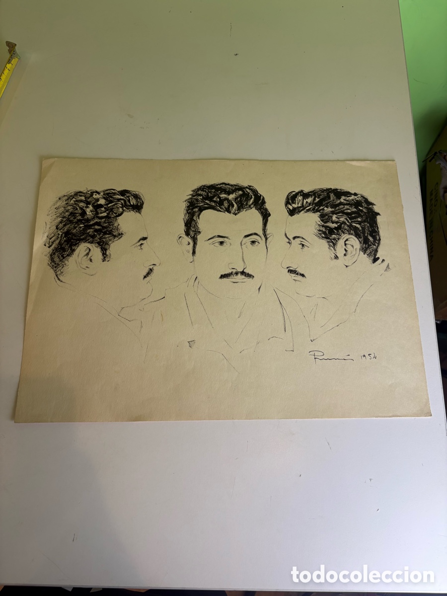 Arte: Carles Prun&eacute;s (1937-2017) &ndash; Triple estudio de retrato masculino, dibujo original firmado 1954