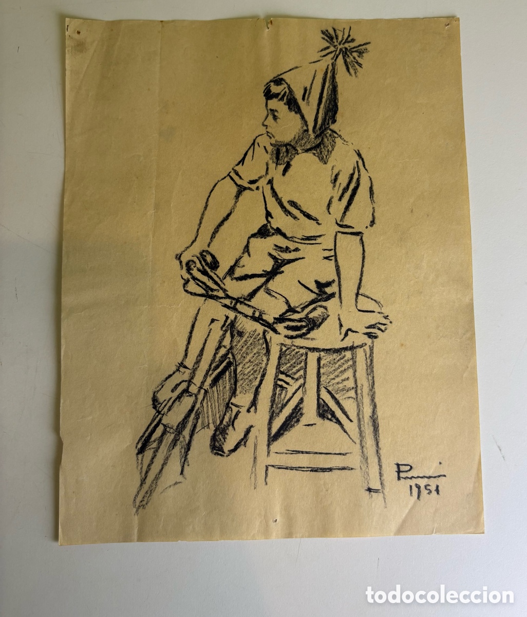 Arte: Carles Prun&eacute;s (1937-2017) &ndash; Estudio de figura infantil con gorro, dibujo original firmado 1951
