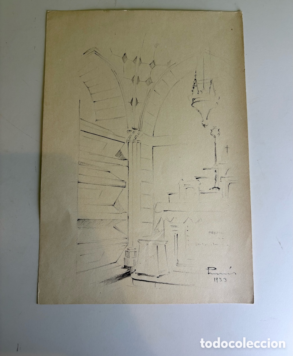 Arte: Carles Prun&eacute;s (1937-2017) &ndash; Interior de iglesia, dibujo original firmado 1953