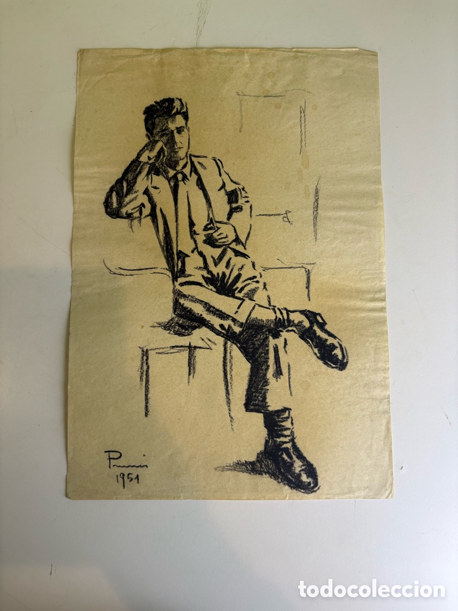 Arte: Carles Prun&eacute;s (1937-2017) &ndash; Retrato masculino sentado, dibujo original firmado 1951