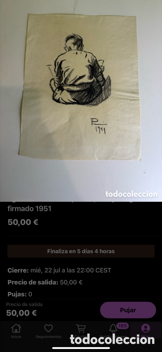 Arte: Carles Prun&eacute;s (1937-2017) &ndash; Estudio de figura infantil de espaldas, dibujo original firmado 1951