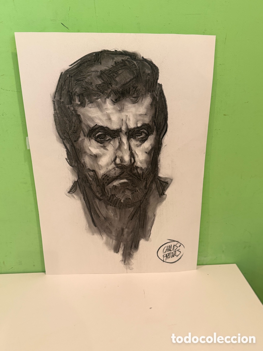 Arte: Carles Prun&eacute;s (1937-2017) Carboncillo sobre papel &ndash; Retrato masculino barbado firmado (54 &times; 38 cm)