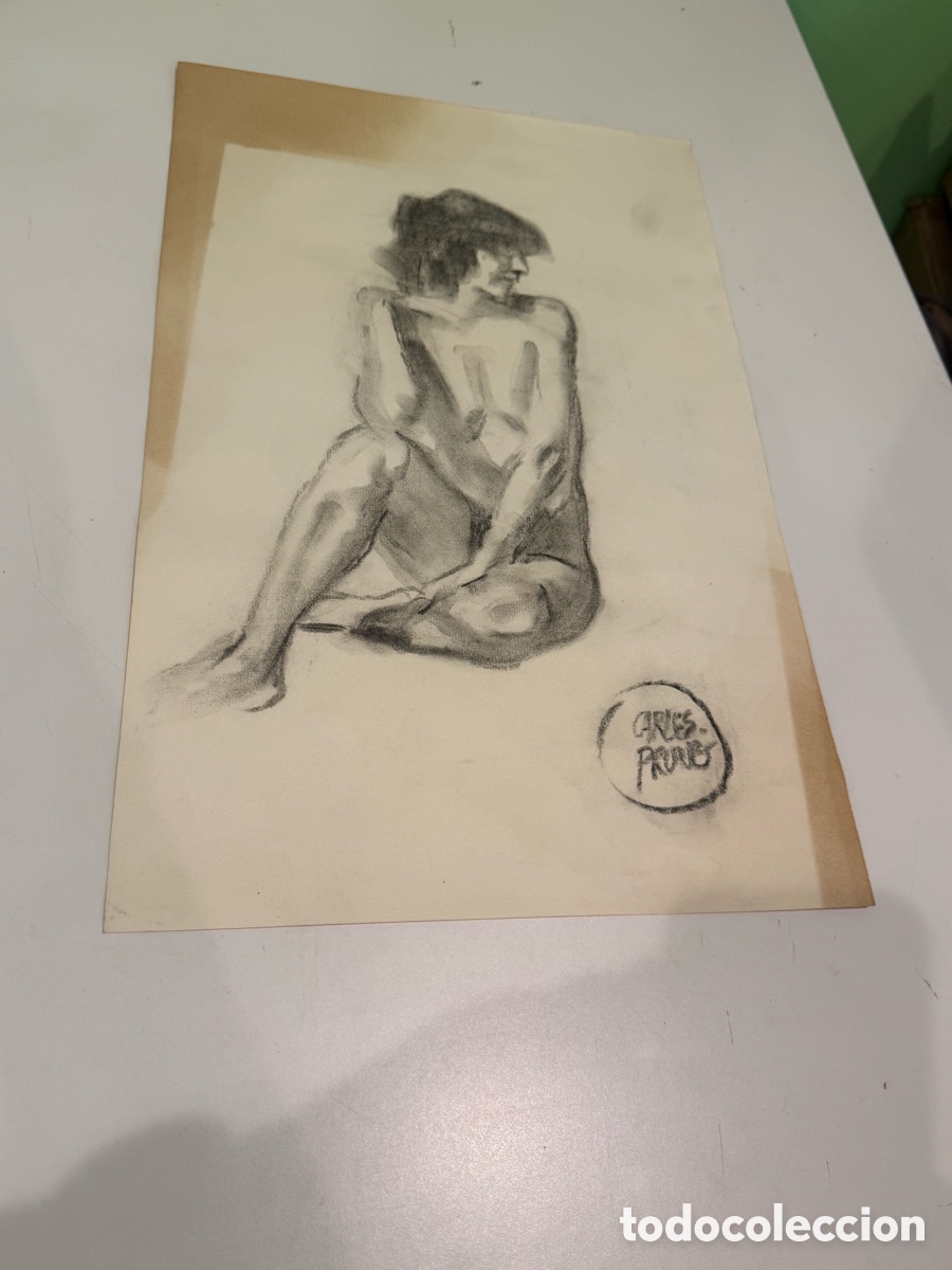 Arte: Carles Prun&eacute;s (1937-2017) Carboncillo sobre papel &ndash; Desnudo femenino sentado firmado (46 &times; 30 cm)