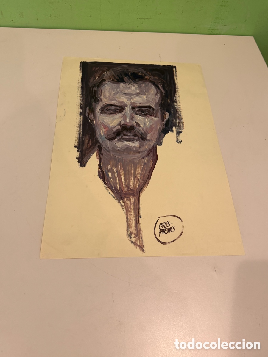Arte: Carles Prun&eacute;s (1937-2017) &Oacute;leo sobre papel &ndash; Retrato masculino con bigote firmado (43 &times; 30 cm)