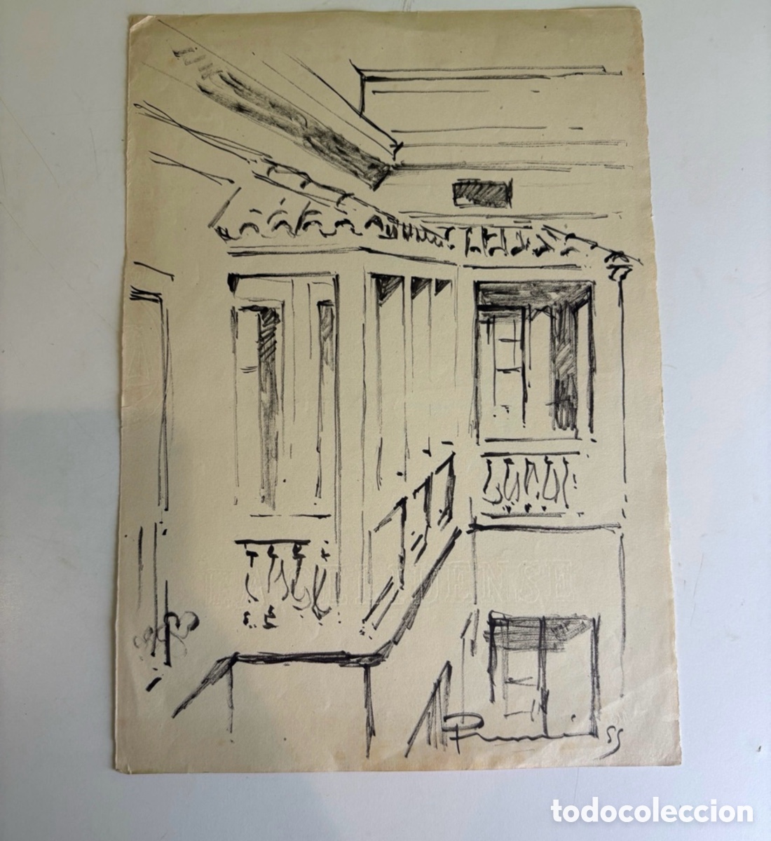 Arte: Carles Prun&eacute;s (1937-2017) &ndash; Patio de arquitectura tradicional, dibujo sobre papel (1955)