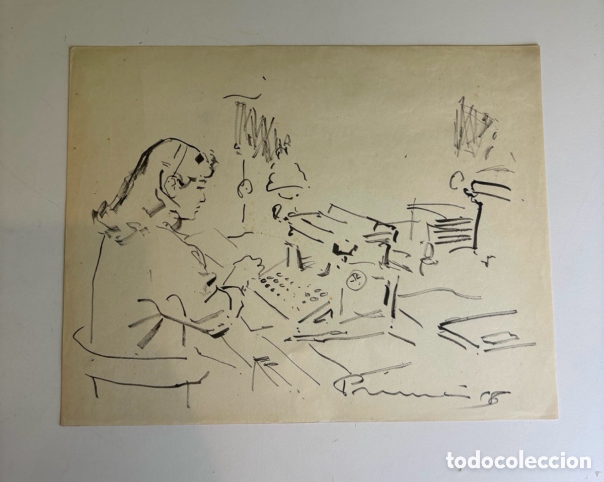 Arte: Carles Prun&eacute;s (1937-2017) &ndash; Secretaria en oficina, dibujo sobre papel firmado (1955)