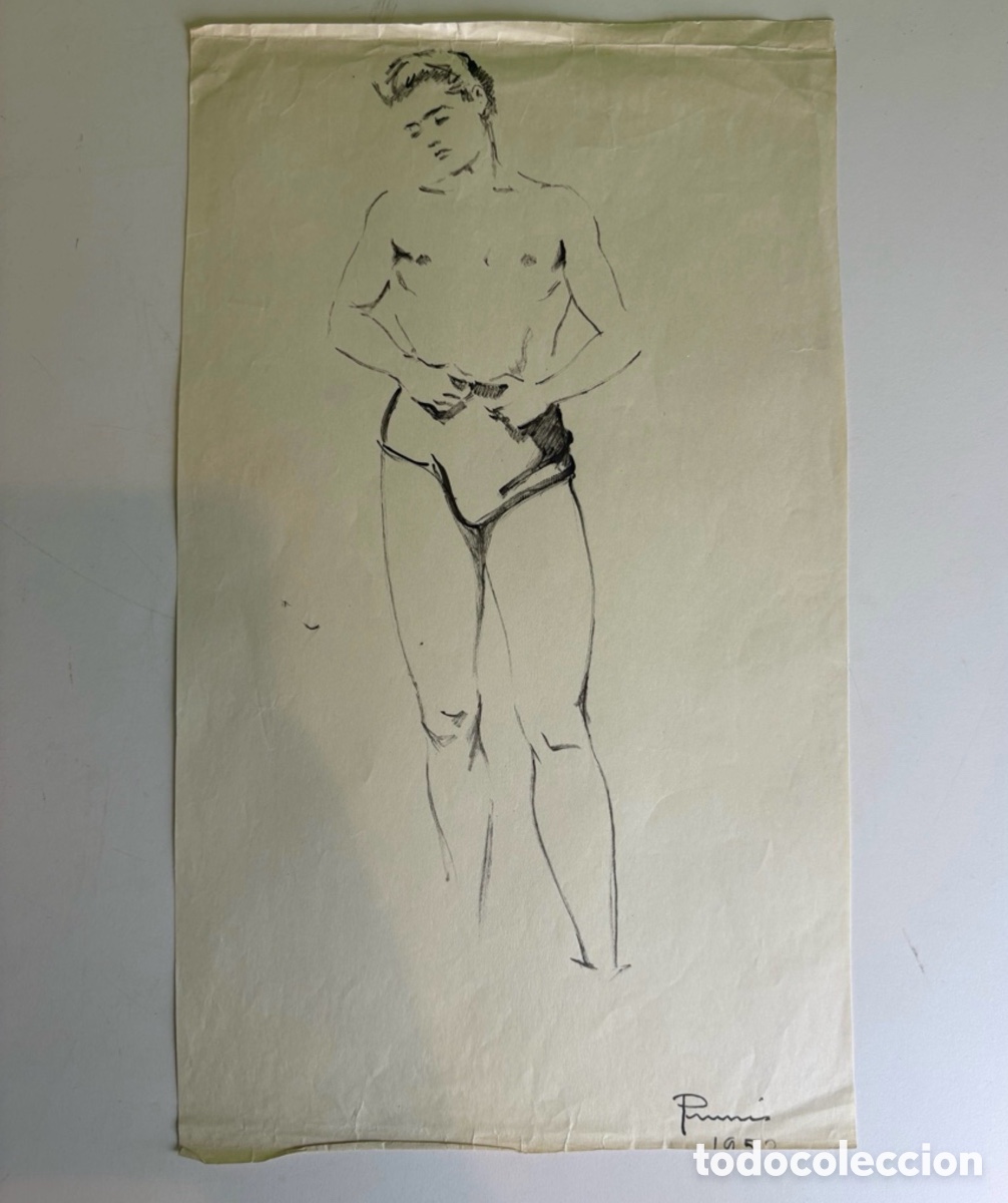 Arte: Carles Prun&eacute;s (1937-2017) &ndash; Desnudo masculino de estudio, dibujo sobre papel firmado (1952)