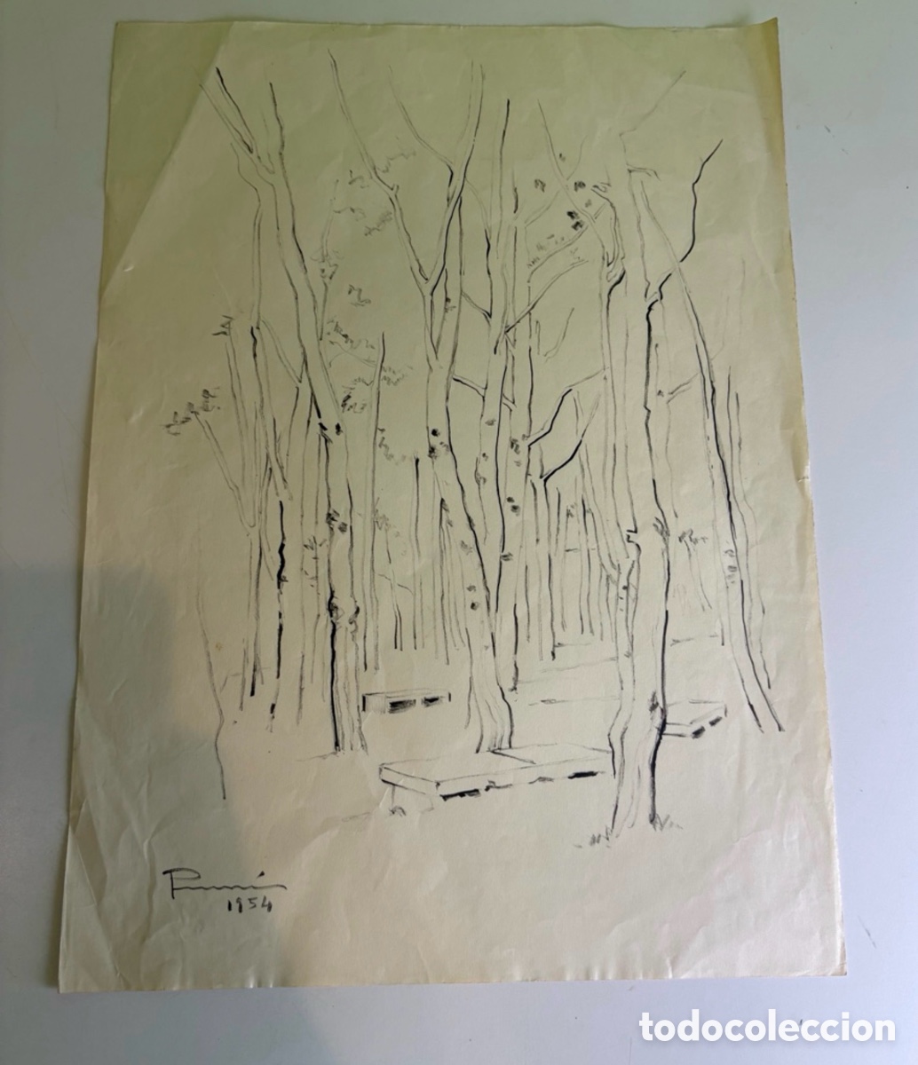 Arte: Carles Prun&eacute;s (1937-2017) &ndash; Paisaje de bosque, dibujo sobre papel firmado y fechado 1954