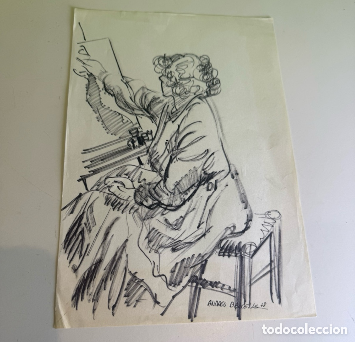 Arte: Andreu Balcells dibujo original de pintora al caballete firmado 1978