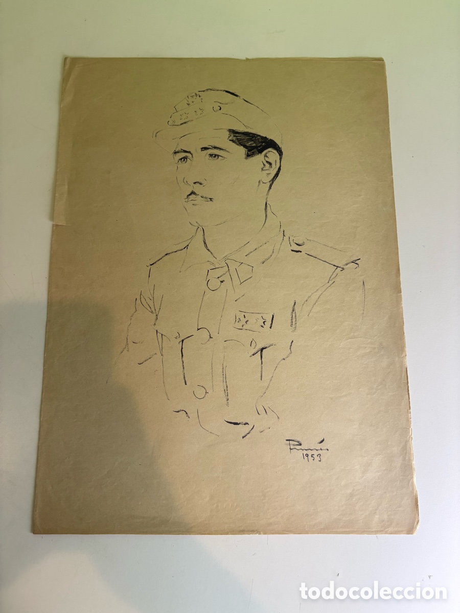 Arte: Carles Prun&eacute;s (1937-2017) &ndash; Autorretrato militar, dibujo sobre papel firmado y fechado 1953