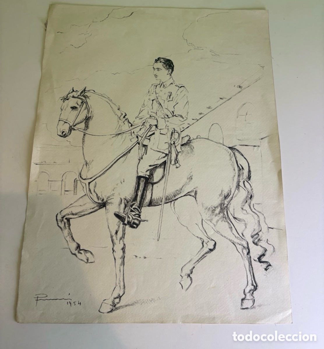 Arte: Carles Prun&eacute;s (1937-2017) &ndash; Jinete militar a caballo, dibujo sobre papel firmado y fechado 1954