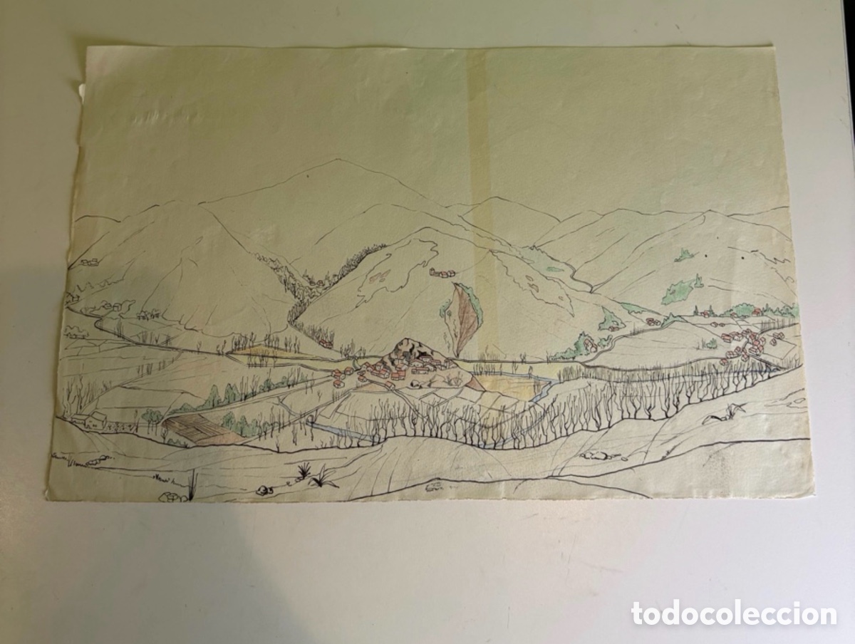 Arte: Carles Prun&eacute;s (1937-2017) &ndash; Paisaje panor&aacute;mico de monta&ntilde;a, dibujo sobre papel firmado