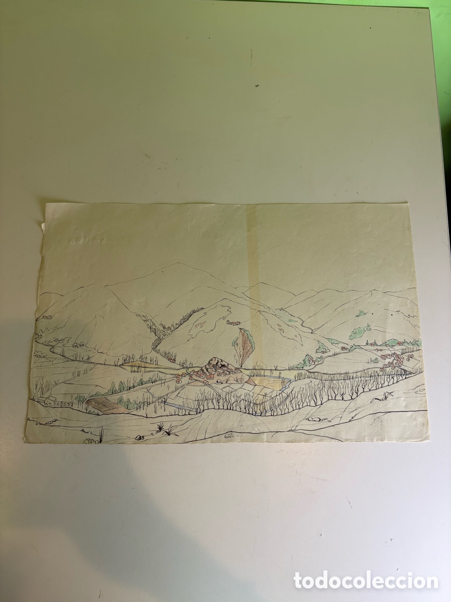 Arte: Carles Prun&eacute;s (1937-2017) &ndash; Paisaje panor&aacute;mico de monta&ntilde;a, dibujo sobre papel firmado