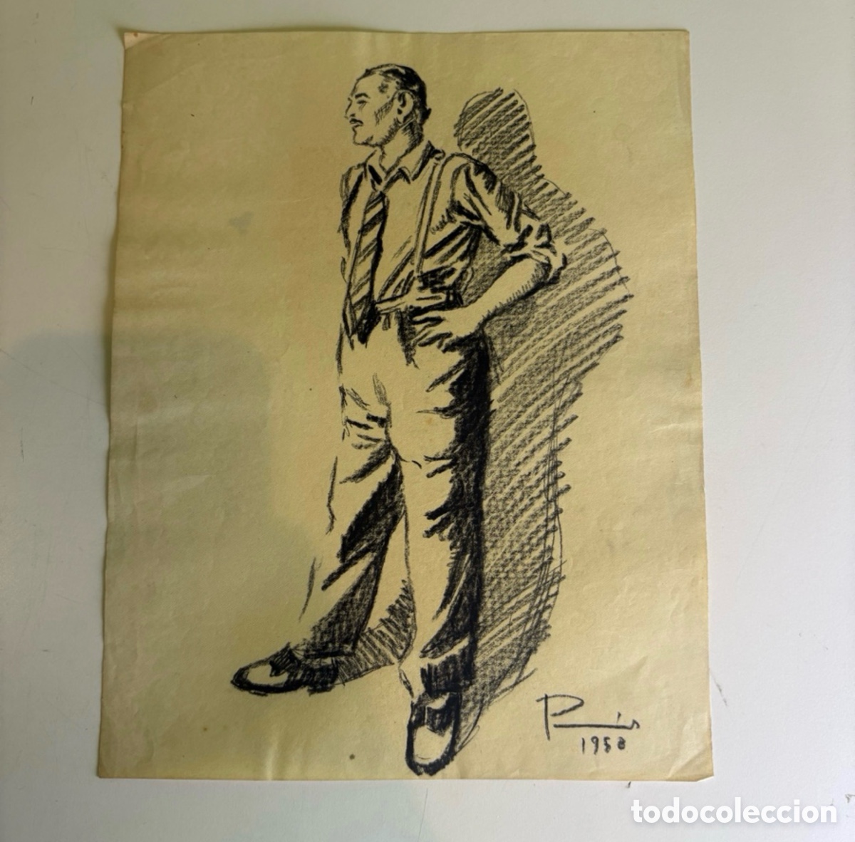 Arte: Carles Prun&eacute;s (1937-2017) &ndash; Retrato masculino de pie sobre papel, firmado 1958