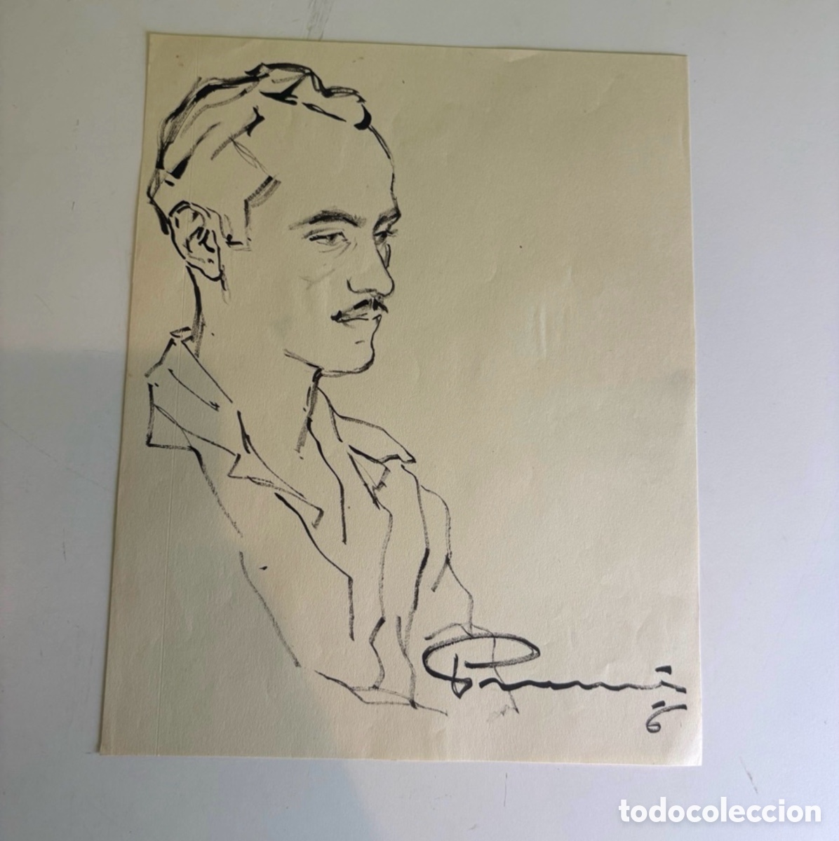 Arte: Carles Prun&eacute;s (1937-2017) &ndash; Retrato masculino con bigote sobre papel, firmado 1956