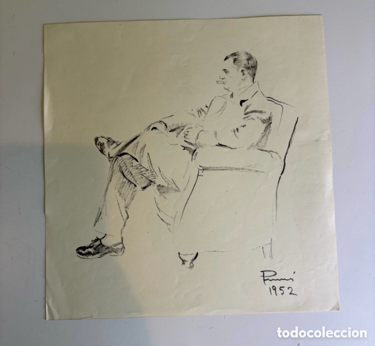 Arte: Carles Prun&eacute;s (1937-2017) &ndash; Figura masculina sentada, dibujo sobre papel firmado 1952