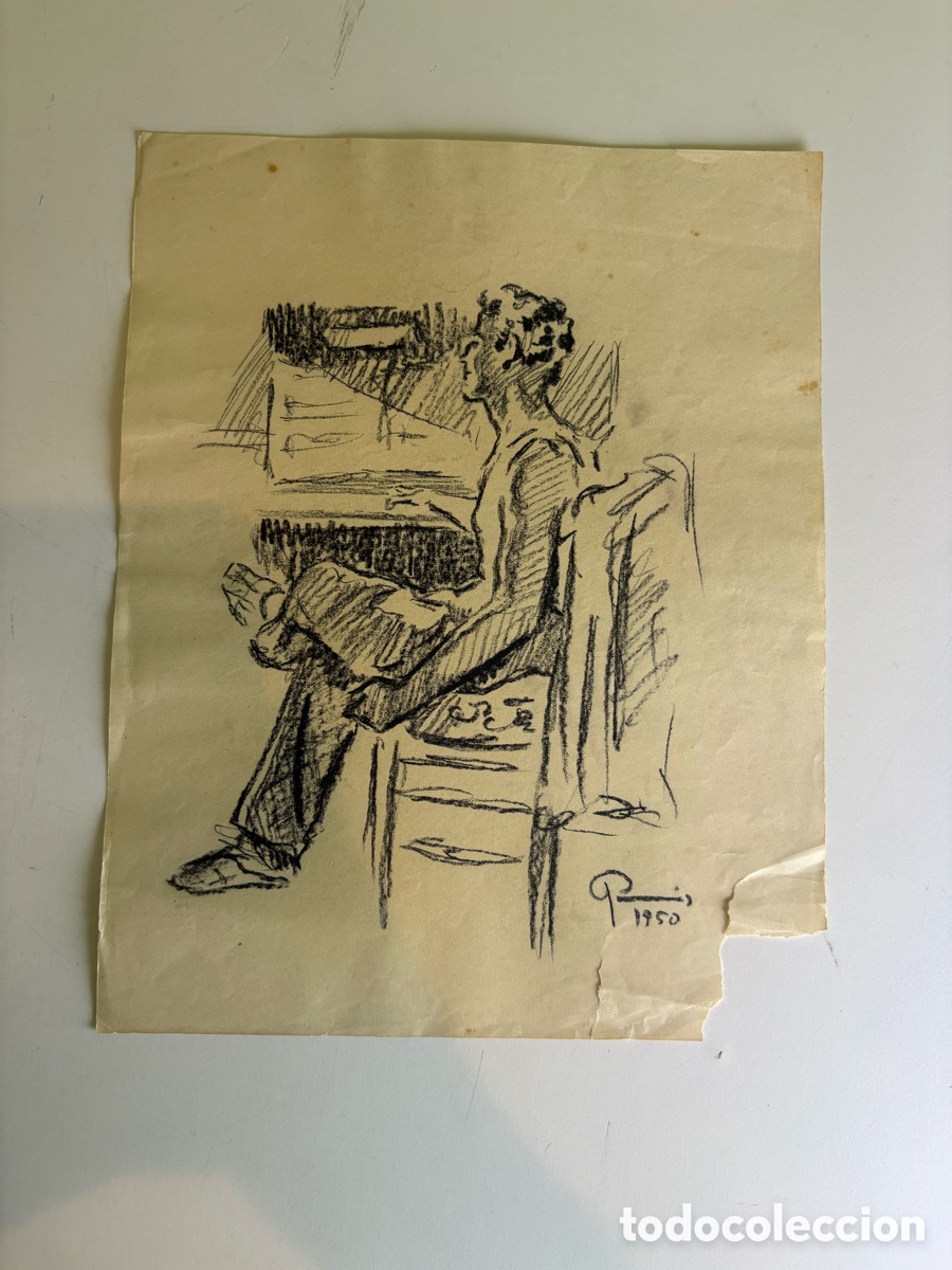 Arte: Carles Prun&eacute;s (1937-2017) &ndash; Figura masculina sentada, dibujo sobre papel firmado 1950