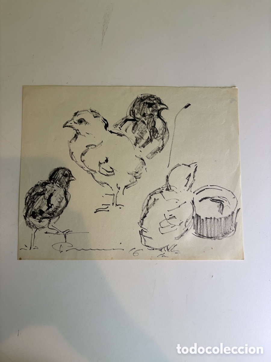 Arte: Carles Prun&eacute;s (1937-2017) &ndash; Estudio de polluelos y gallinas, dibujo original firmado