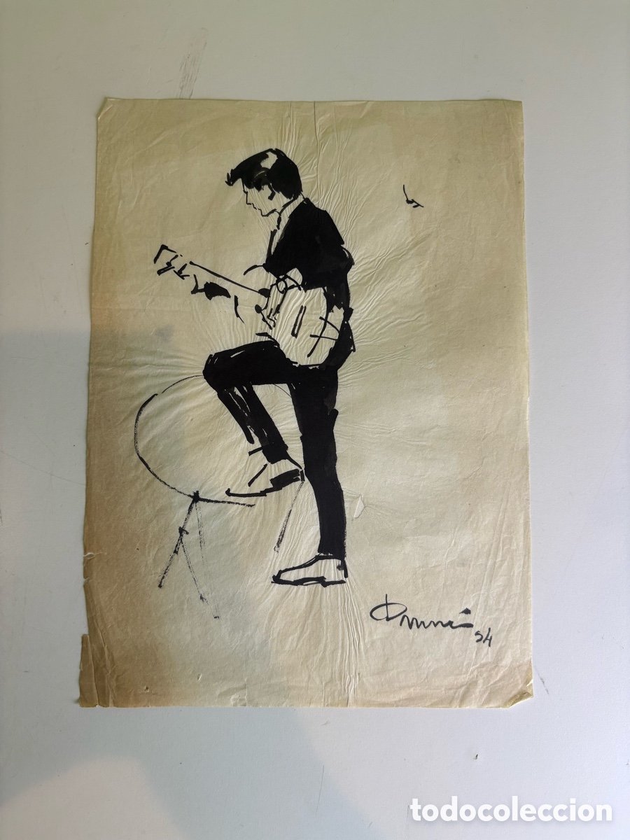 Arte: Carles Prun&eacute;s (1937-2017) &ndash; Guitarrista, dibujo original a tinta firmado (1954)