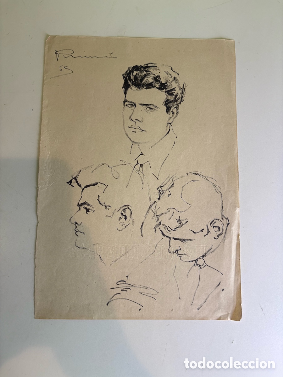 Arte: Carles Prun&eacute;s (1937-2017) &ndash; Tres estudios de retrato masculino, dibujo original firmado (1955)