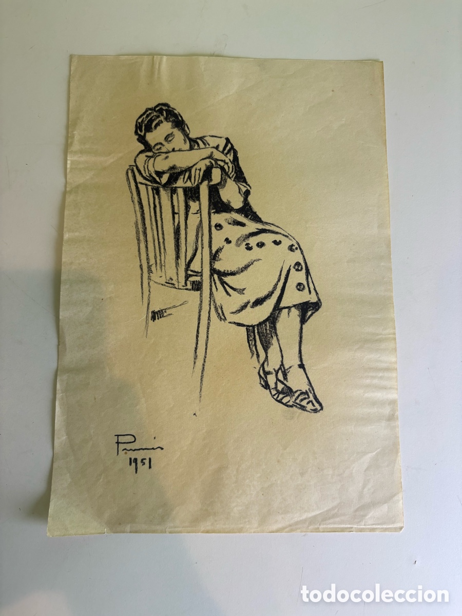 Arte: Carles Prun&eacute;s (1937-2017) &ndash; Ni&ntilde;a dormida sobre silla, dibujo a tinta sobre papel, firmado 1951