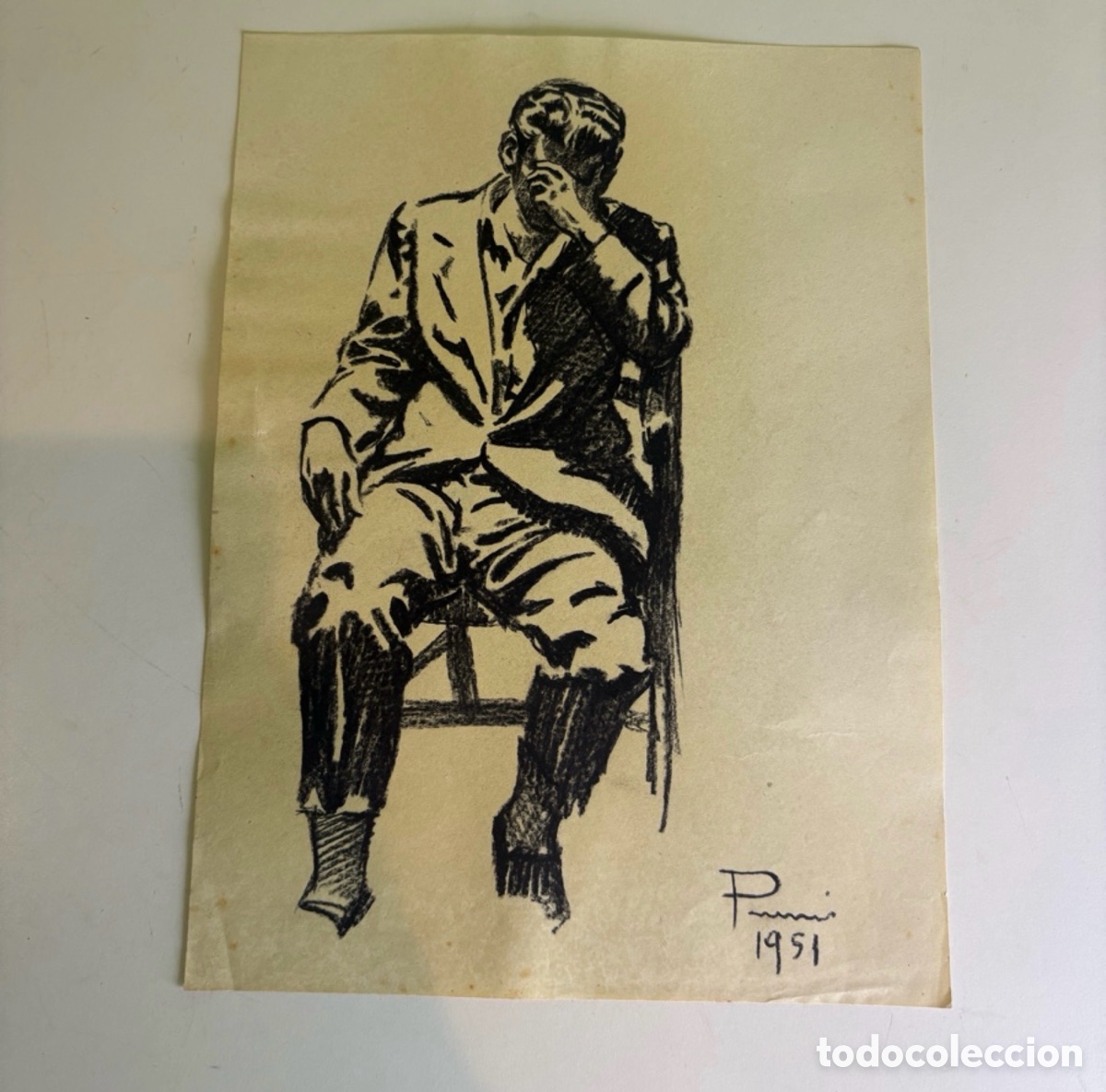 Arte: Carles Prun&eacute;s (1937-2017) &ndash; Hombre pensativo sentado, dibujo a tinta sobre papel, firmado 1951