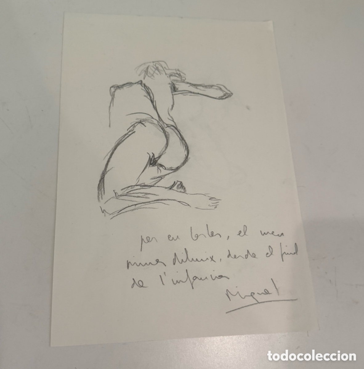 Arte: Dibujo de desnudo femenino sobre papel, firmado Miquel y dedicado a Carles Prun&eacute;s. 30 &times; 22 cm