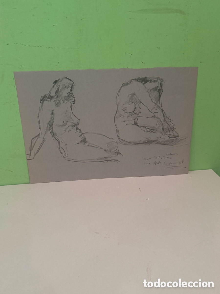 Arte: Dibujo de dos desnudos femeninos firmado Carmen Vidal (1977) Dedicado a Carles Prun&eacute;s.