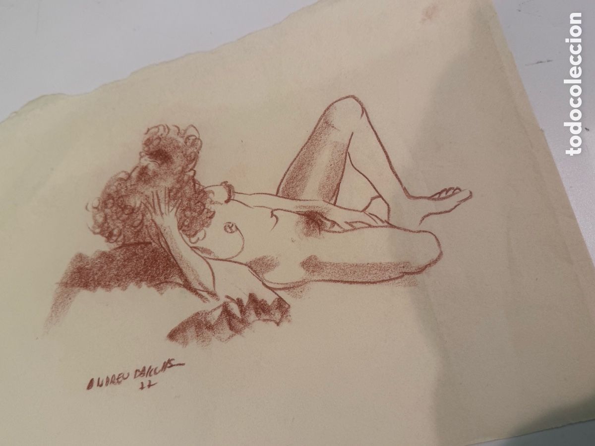 Arte: Dibujo de desnudo femenino sobre papel, firmado Andreu Balcells (1977). 26 &times; 44 cm