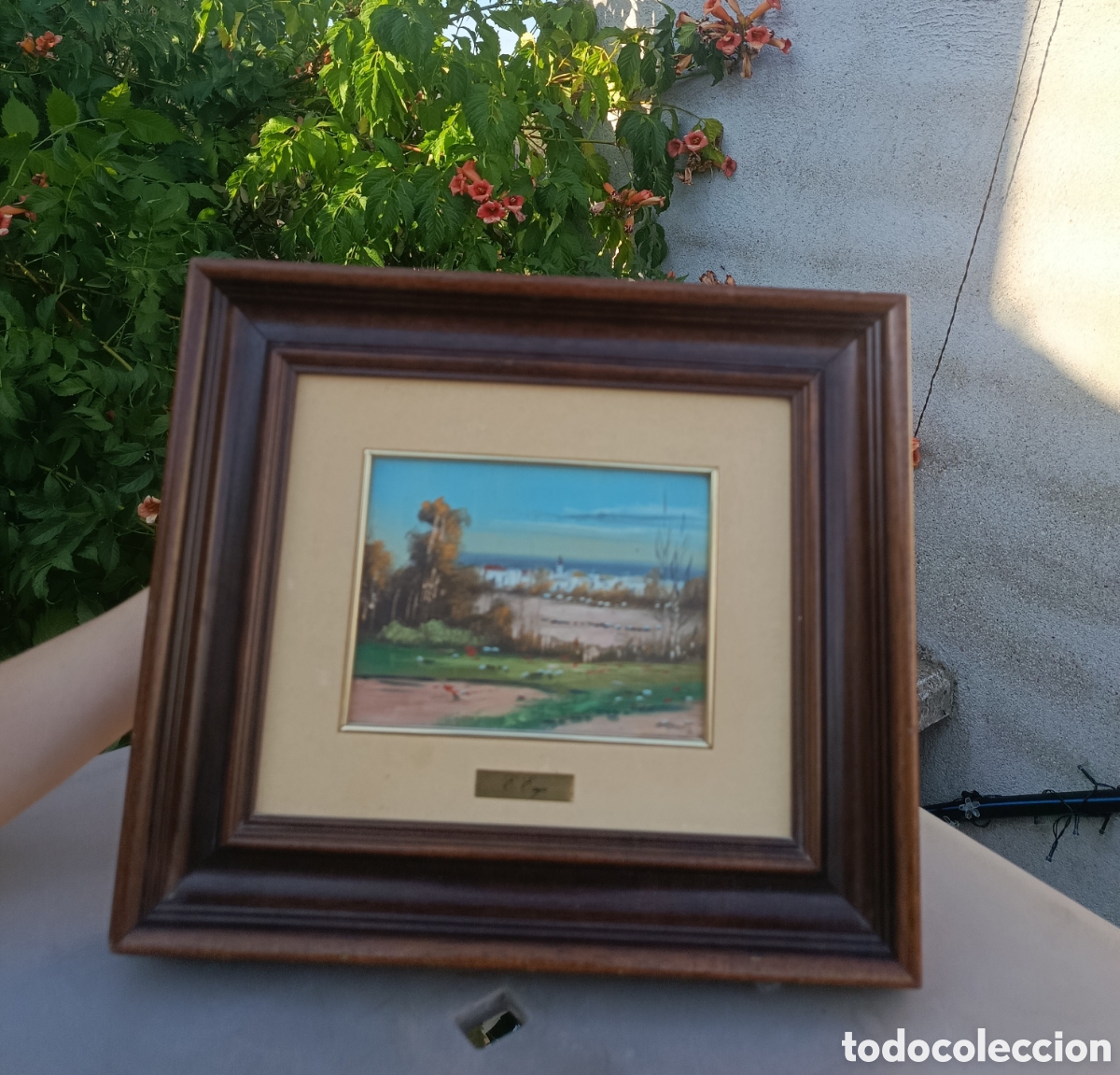 Arte: &Oacute;leo sobre tabla / lienzo - Paisaje rural con pueblo al fondo - Firmado E. Vega - Enmarcado