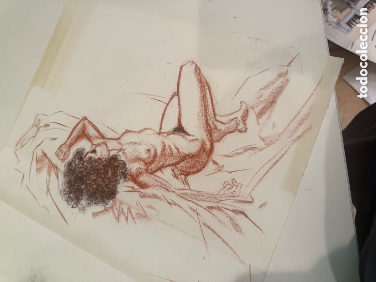 Arte: Artur Munt &ndash; Dibujo original de desnudo femenino dedicado a Carles Prun&eacute;s, firmado (53 x 43 cm)