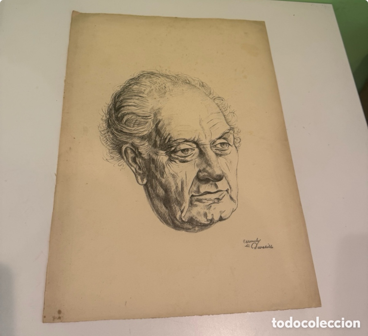 Arte: Retrato masculino a tinta sobre papel &ndash; Firma a identificar