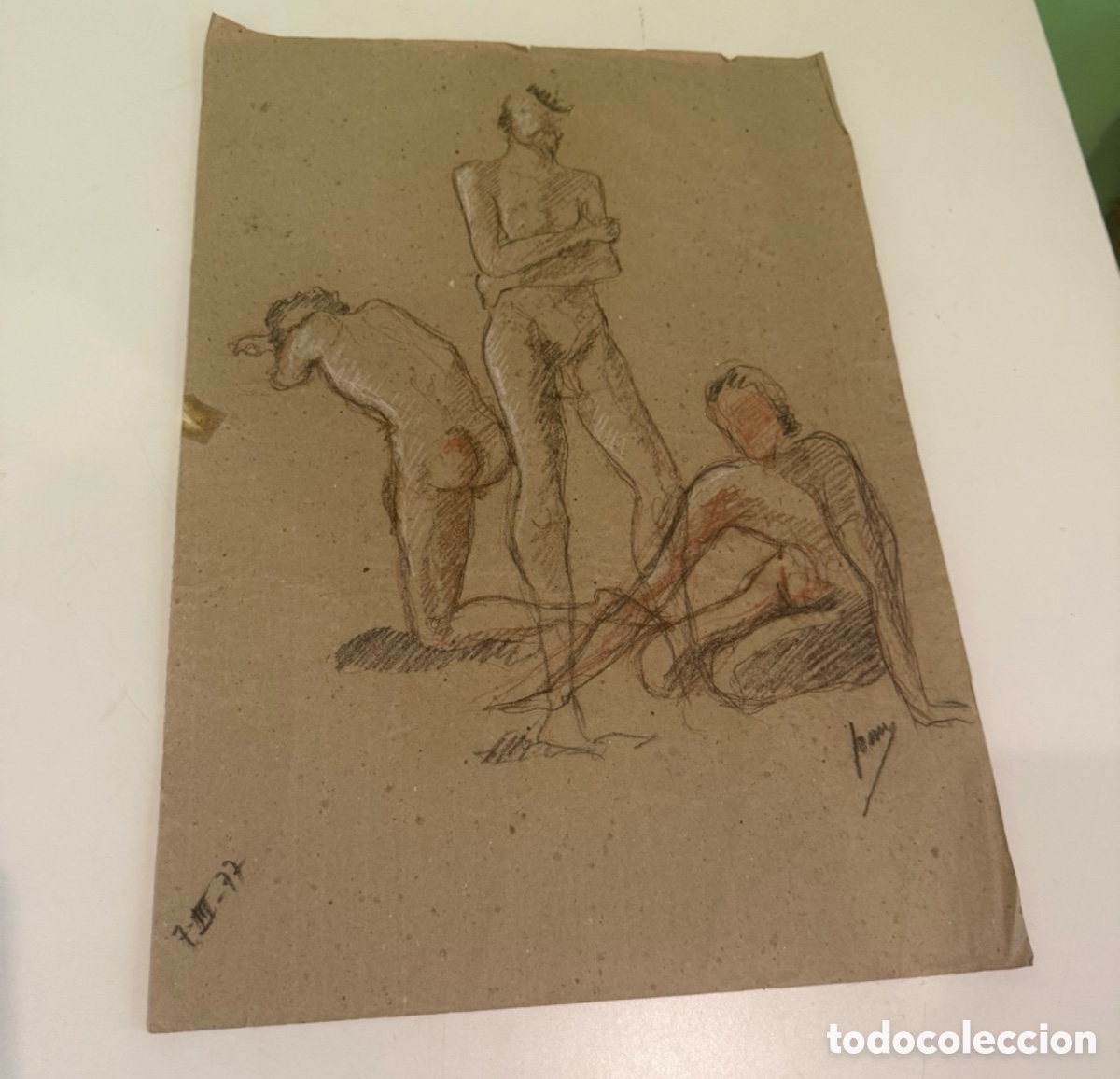 Arte: Dibujo original de tres desnudos acad&eacute;micos sobre papel firmado y fechado 1977