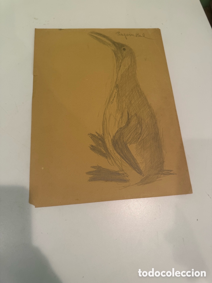 Arte: Dibujo original de ping&uuml;ino real sobre papel firmado