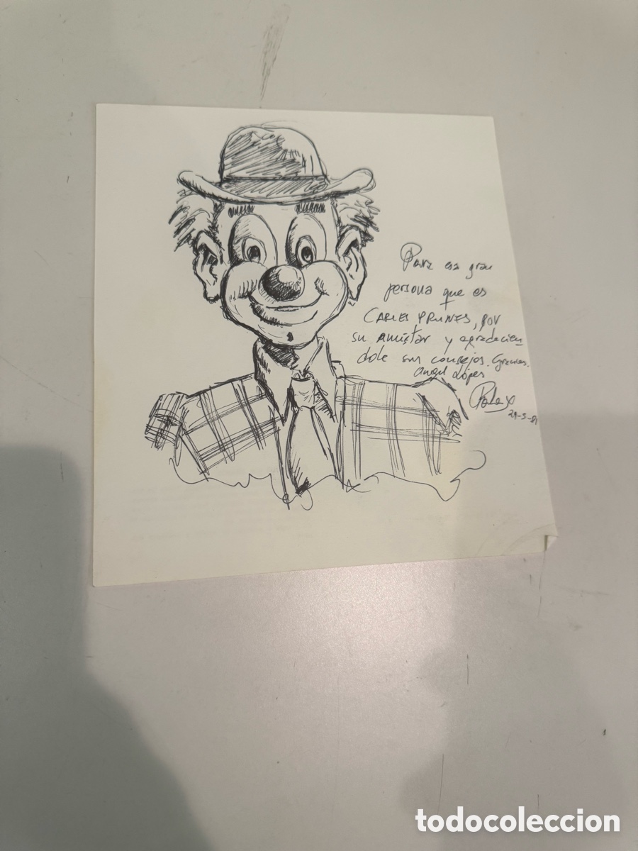 Arte: Dibujo original de payaso dedicado a Carles Prun&eacute;s, firmado y fechado 1991