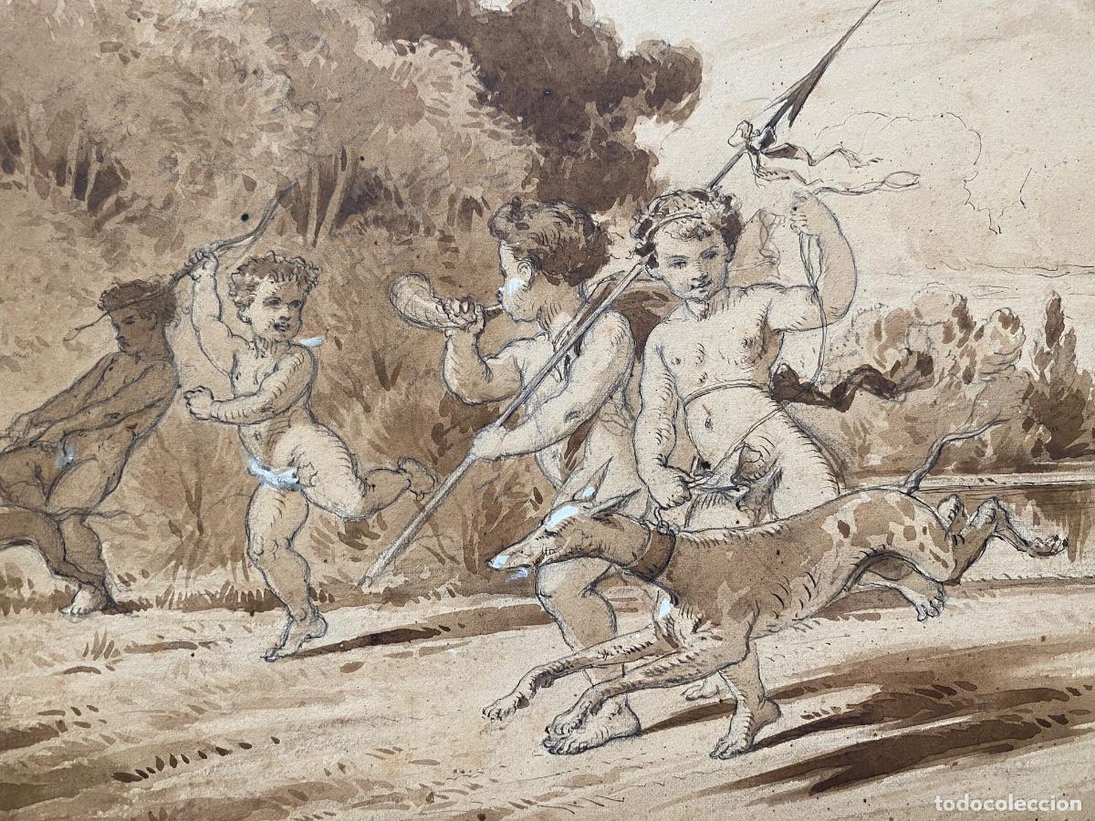 Arte: Eug&egrave;ne Lacoste, dibujo aguada, siglo XIX, escena de caza, putti o &aacute;ngeles con galgos, fechado 1865.