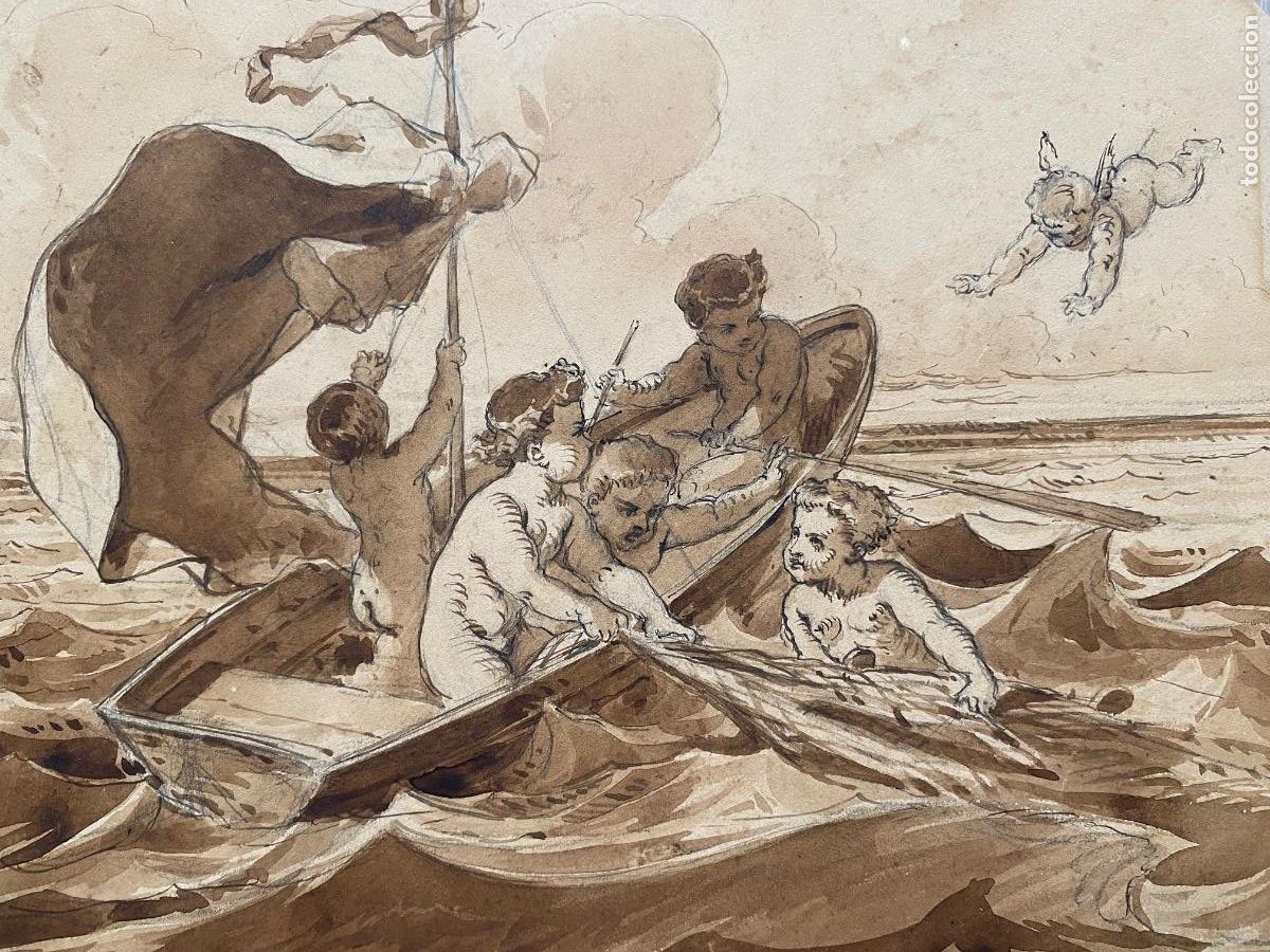 Arte: Eug&egrave;ne Lacoste, dibujo aguada, siglo XIX, putti o &aacute;ngeles en el mar, firmado y fechado en 1865.