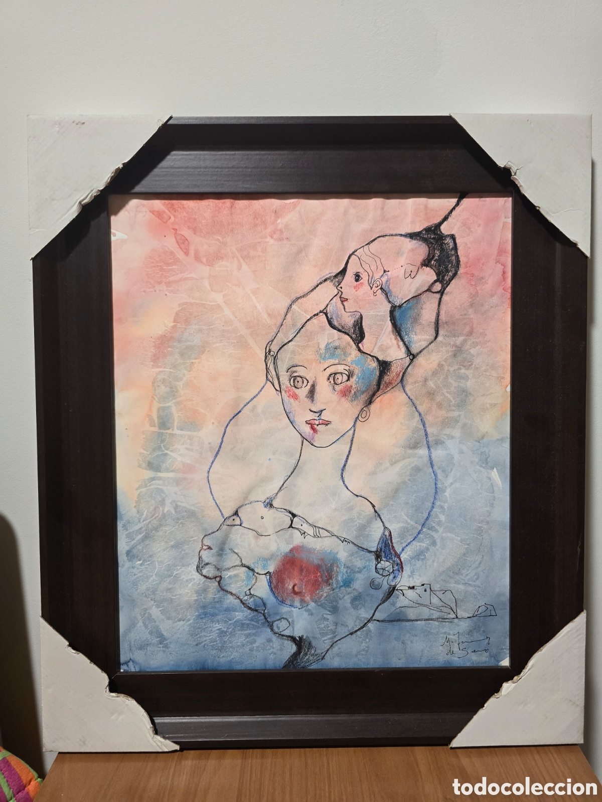 Arte: Cuadro original surrealista / figurativo firmado - T&eacute;cnica mixta enmarcada (56 x 48 cm)