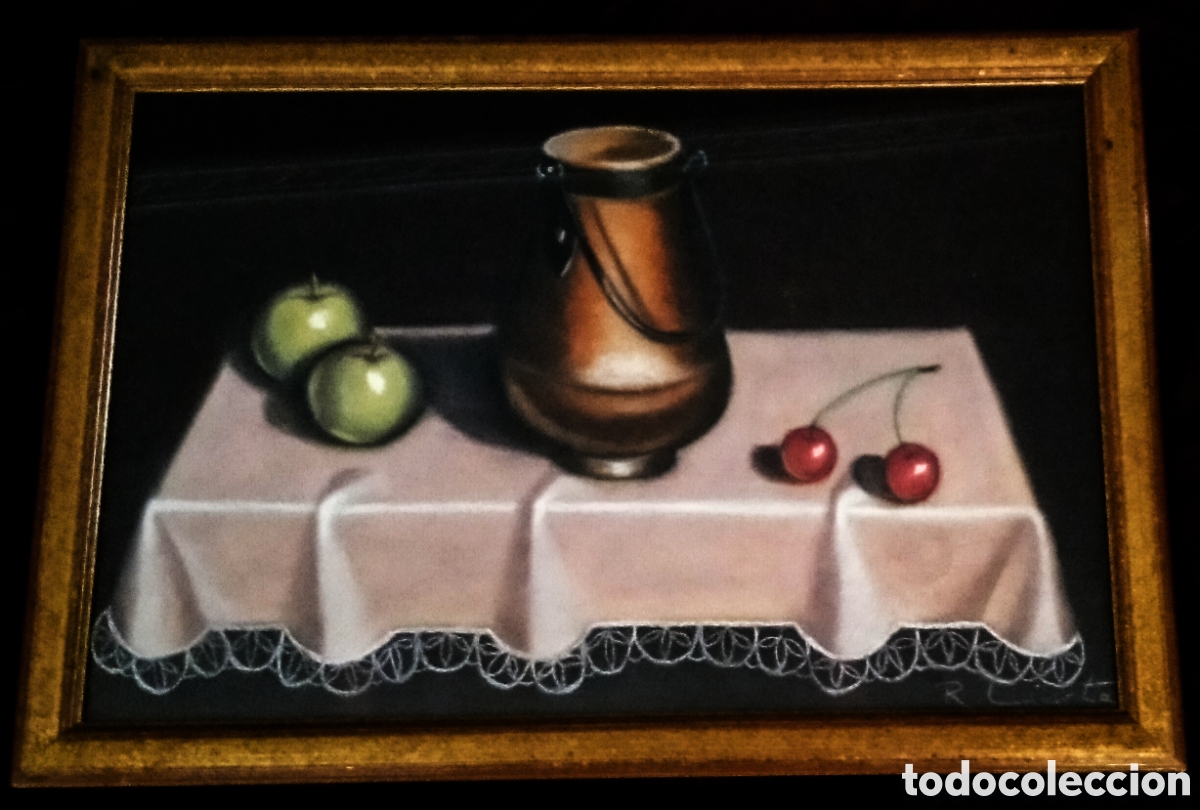Arte: DIBUJO a PASTEL / (REALISMO). * BODEG&Oacute;N CON JARRA, MANZANAS Y CEREZAS *. FDO.: R. LIARTE. ENMARCADO