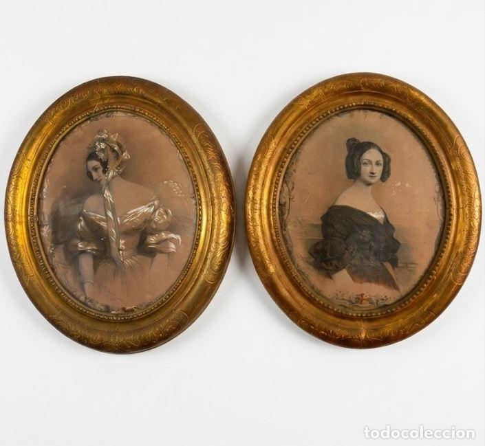 Arte: PAREJA DE RETRATOS FEMENINOS DE ESTILO ROMANTICISTA. FIRMA ILEGIBLE. CARB&Oacute;N Y PASTEL. ESPA&Ntilde;A. XIX.