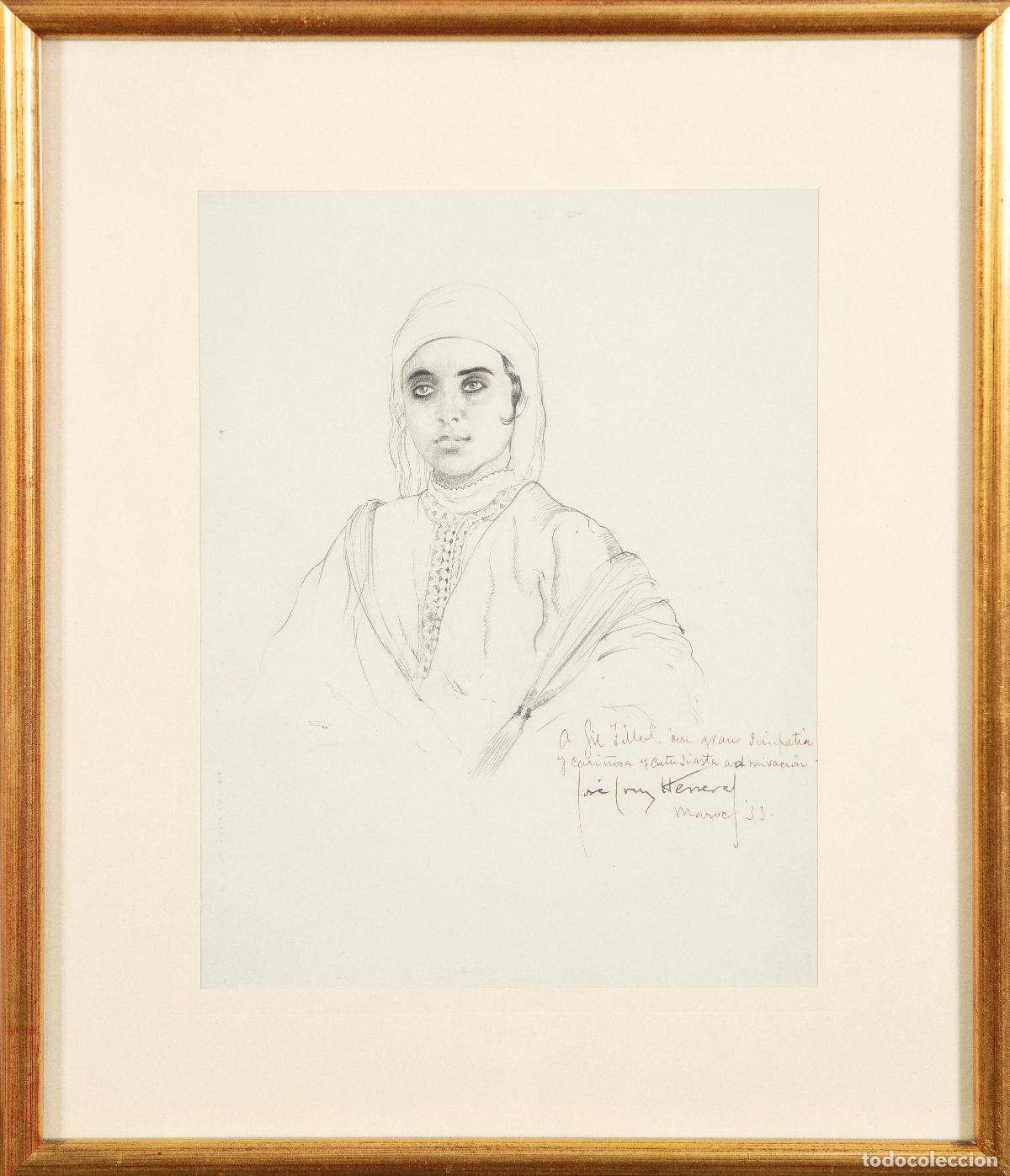 Arte: Retrato muchacha &aacute;rabe dibujo a l&aacute;piz Jos&eacute; Cruz Herrera firmado fechado y dedicado a Gil Fillol 1933