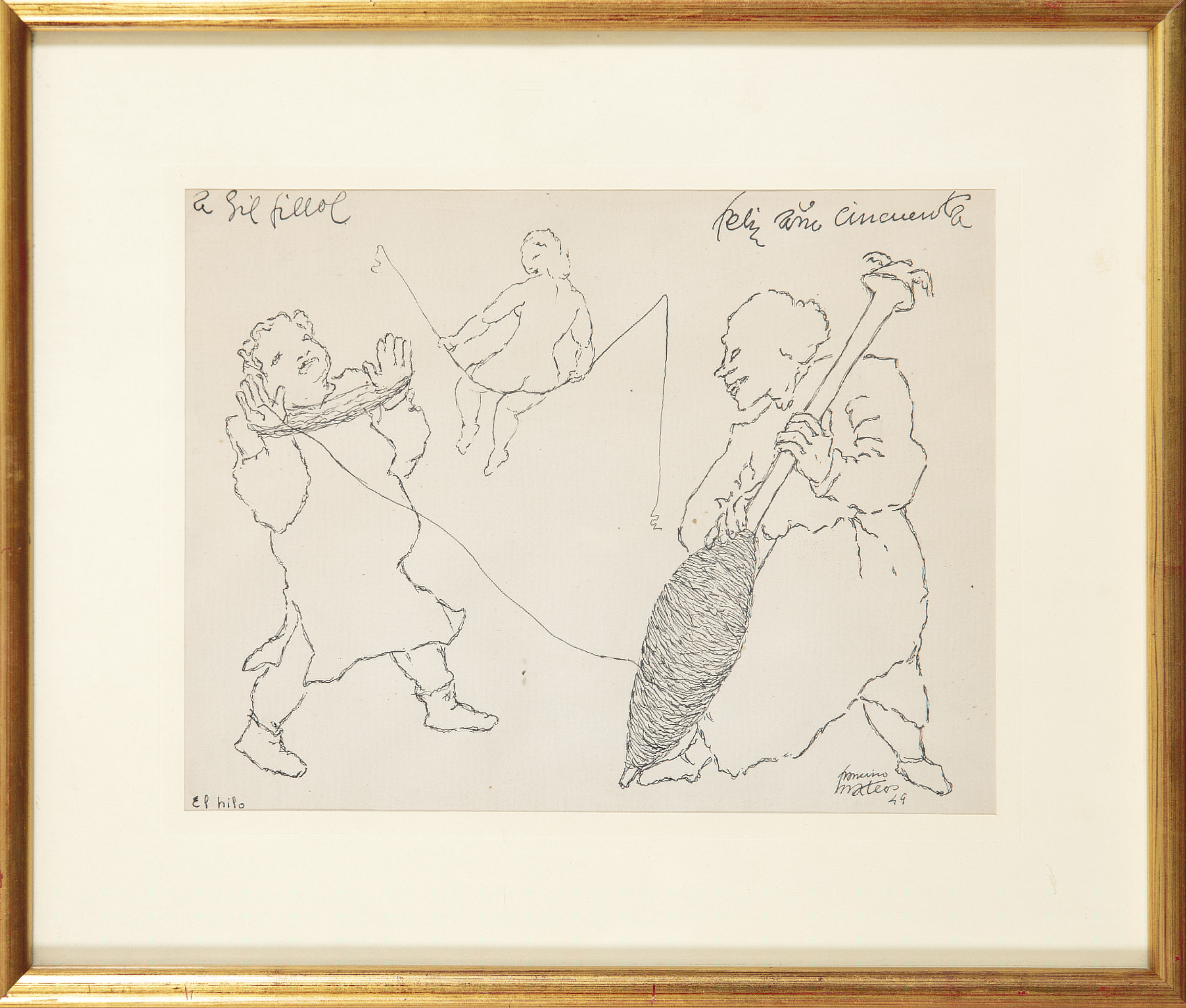 Arte: El hilo dibujo a tinta sobre papel Francisco Mateos Gonz&aacute;lez firmado y dedicado Gil Fillol 1949