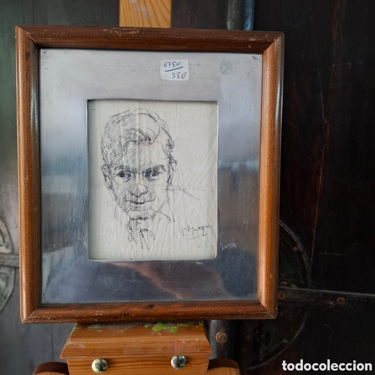 Arte: RETRATO MASCULINO A LAPIZ. PASPARTU ALUMINIO. FIRMADO P. MARQUEZ. Retrato 12,5x10. Marco 23x21